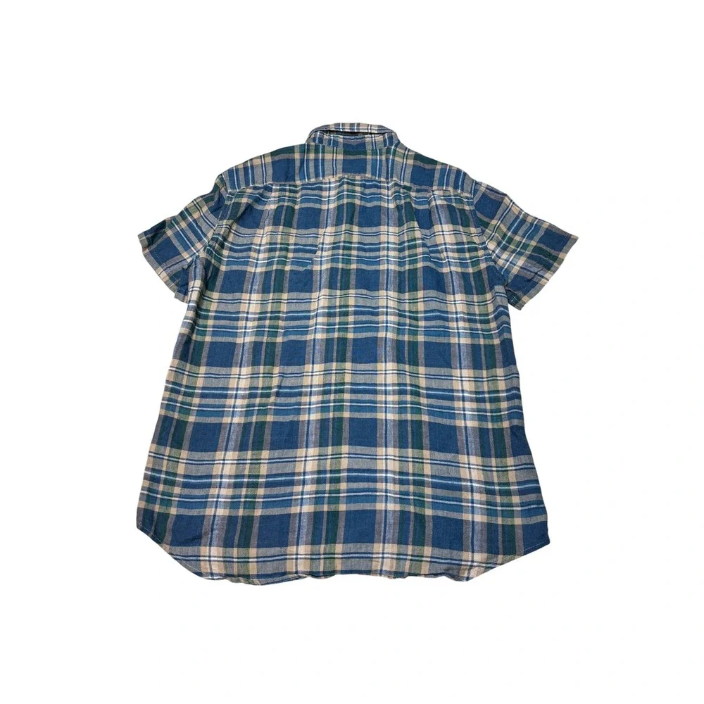J. Crew Slim Fit Linen Cotton Plaid Short Sleeve Shirt Blue Green BP972 Mens M